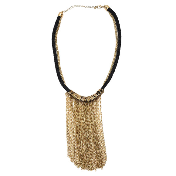 Black Rope Gold Chain Necklace Fringe Dressy Evening Boho Gypsy Punk - Picture 3 of 6